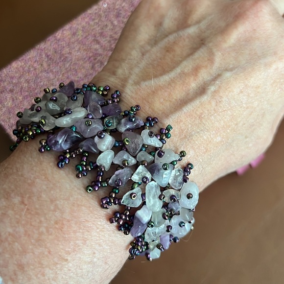 Genuine Amethyst and Borealis Seed Beaded Adjustable Cuff Bracelet - Picture 9 of 9